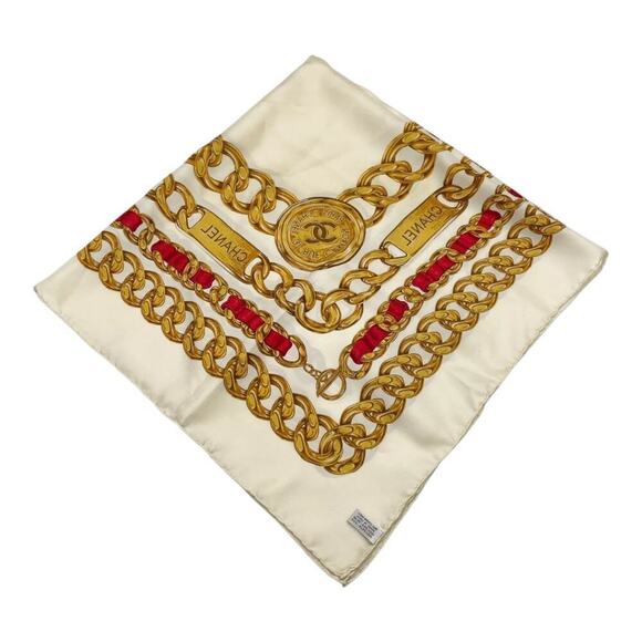CHANEL Coco Mark Ivory x Multicolor Chain Pattern Square Silk Scarf /W Box - Picture 7 of 11